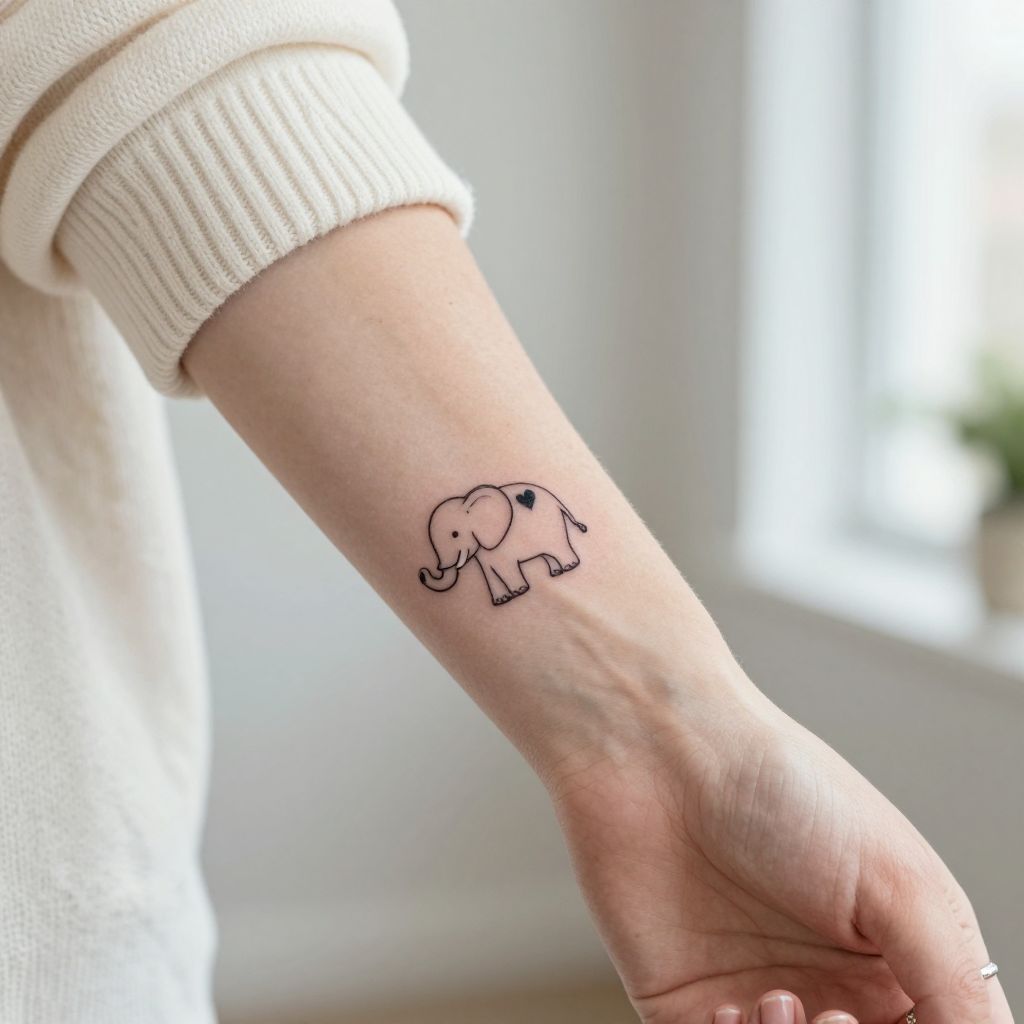 Tiny Elephant with Heart Tattoo