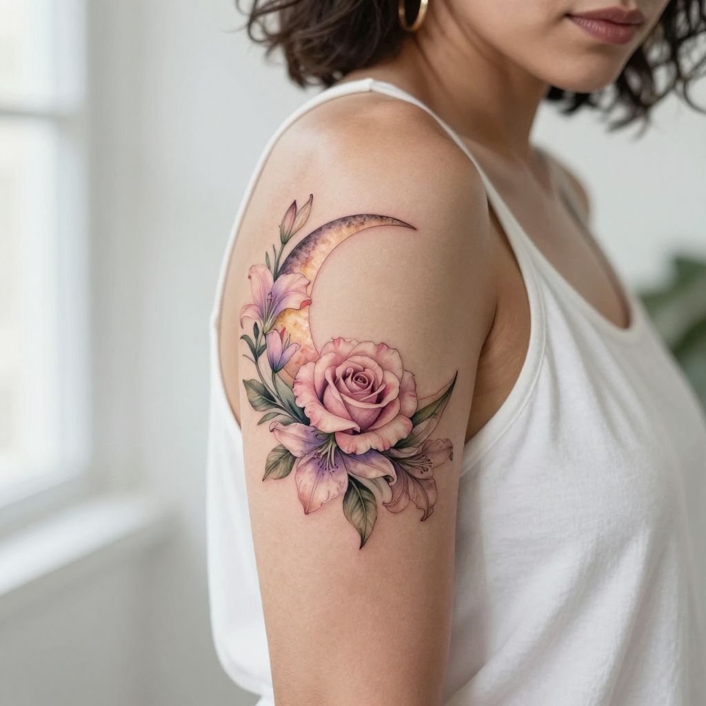 Floral Moon Embrace tattoo