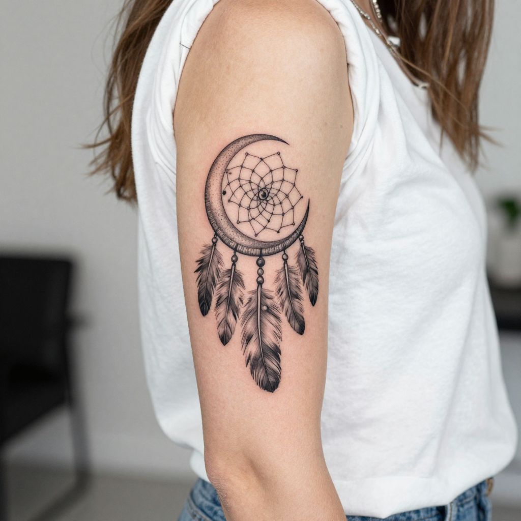 Moon with Dreamcatcher tattoo